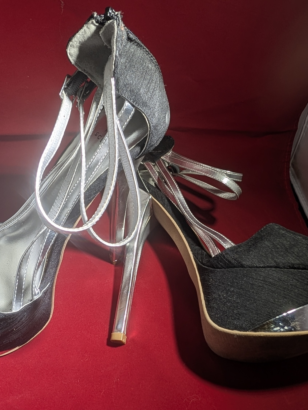 Black and Silver Platform Stiletto Heels with Metallic Straps